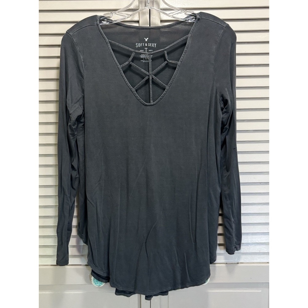 American Eagle Soft AF Long Sleeve Strappy V Neck Top Size L Casual Soft